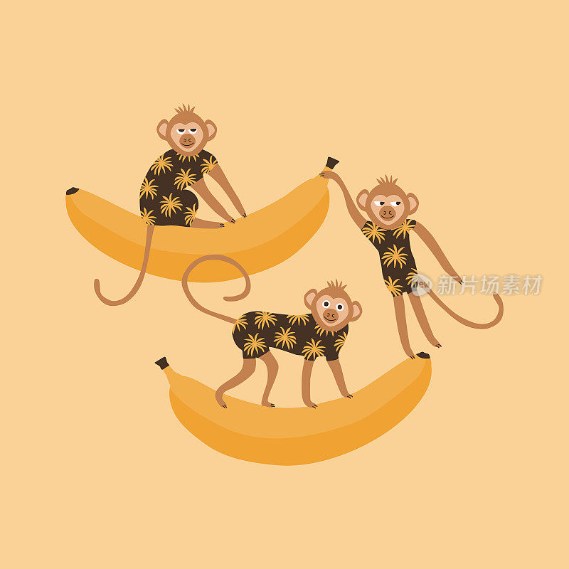 Cute jungle monkeys with funny eyes and bananas. Isolated adorable monkey in overalls and banana on yellow background. Animals and fruits vector illustration.
